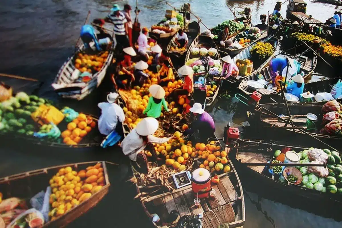 Sạp nông sản rực rỡ tại chợ nổi Châu Đốc An Giang, hương vị miền Tây